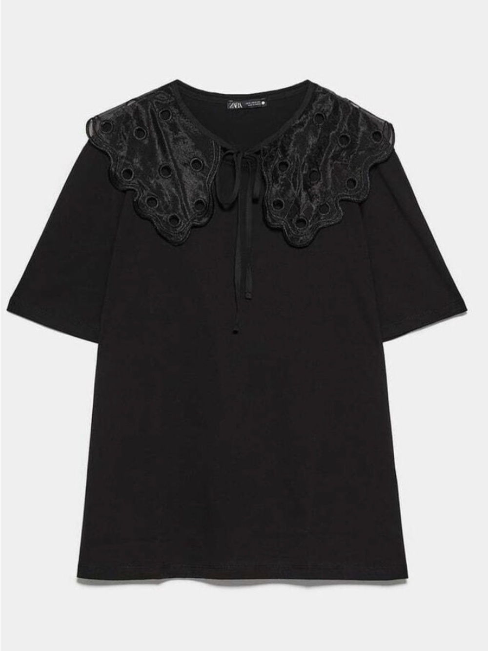 Zara Black Eyelet Tie-Collar Short Sleeve Tee